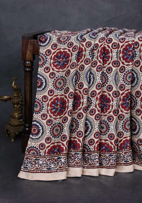 Modal Silk Saree Beige With Allover Ajrakh Prints And Mirror Sequin Embroidery Pallu With Embroidered Design For Women