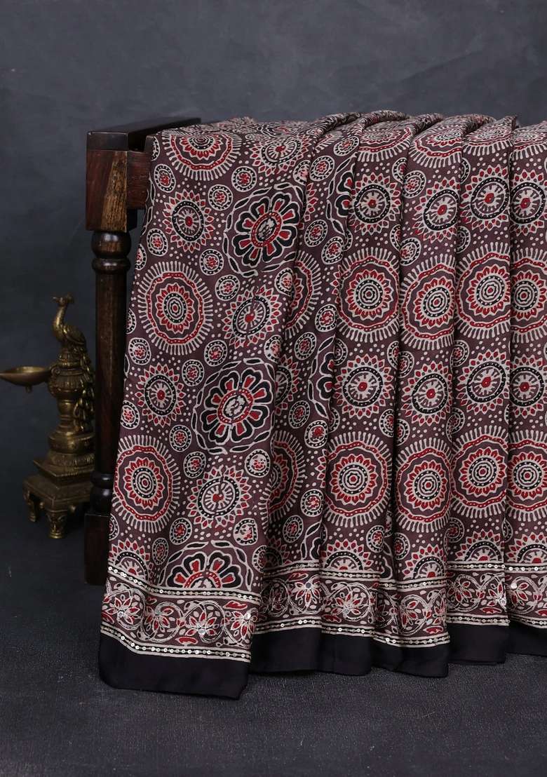 Modal Silk Saree Pastel Brown And Black With Allover Ajrakh Prints And Mirror Sequin Embroidery Pallu With Embroidered Design For Women - Indya