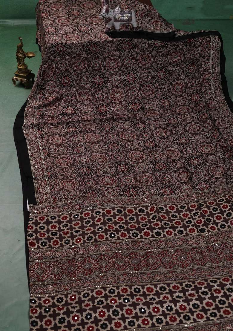 Modal Silk Saree Pastel Brown And Black With Allover Ajrakh Prints And Mirror Sequin Embroidery Pallu With Embroidered Design For Women - Indya