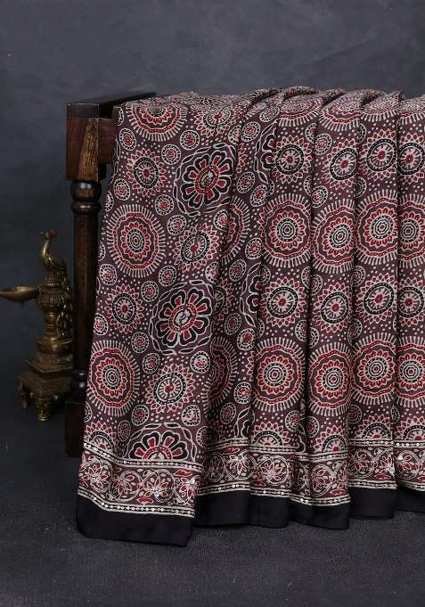 Modal Silk Saree Pastel Brown And Black With Allover Ajrakh Prints And Mirror Sequin Embroidery Pallu With Embroidered Design For Women