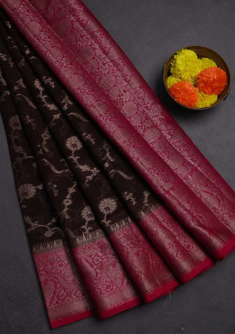 Semi Chiniya Silk Saree Coffee Brown And Pink With Allover Thread Zari Weaves And Woven Border With Traditional Woven Design For Women - Indya