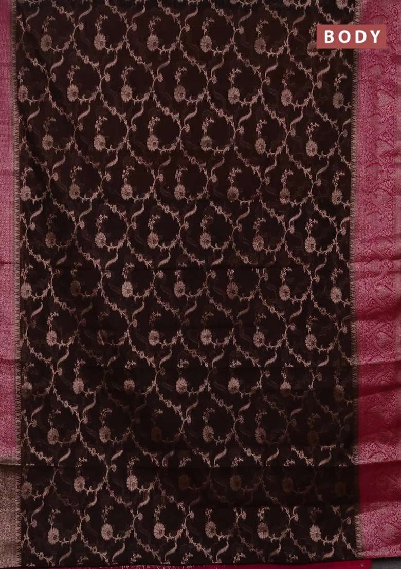 Semi Chiniya Silk Saree Coffee Brown And Pink With Allover Thread Zari Weaves And Woven Border With Traditional Woven Design For Women - Indya