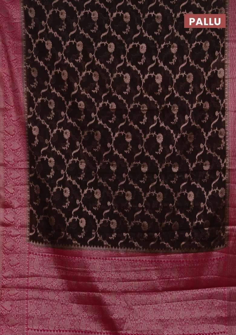 Semi Chiniya Silk Saree Coffee Brown And Pink With Allover Thread Zari Weaves And Woven Border With Traditional Woven Design For Women - Indya