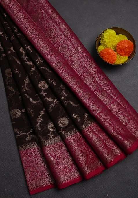Semi Chiniya Silk Saree Coffee Brown And Pink With Allover Thread Zari Weaves And Woven Border With Traditional Woven Design For Women