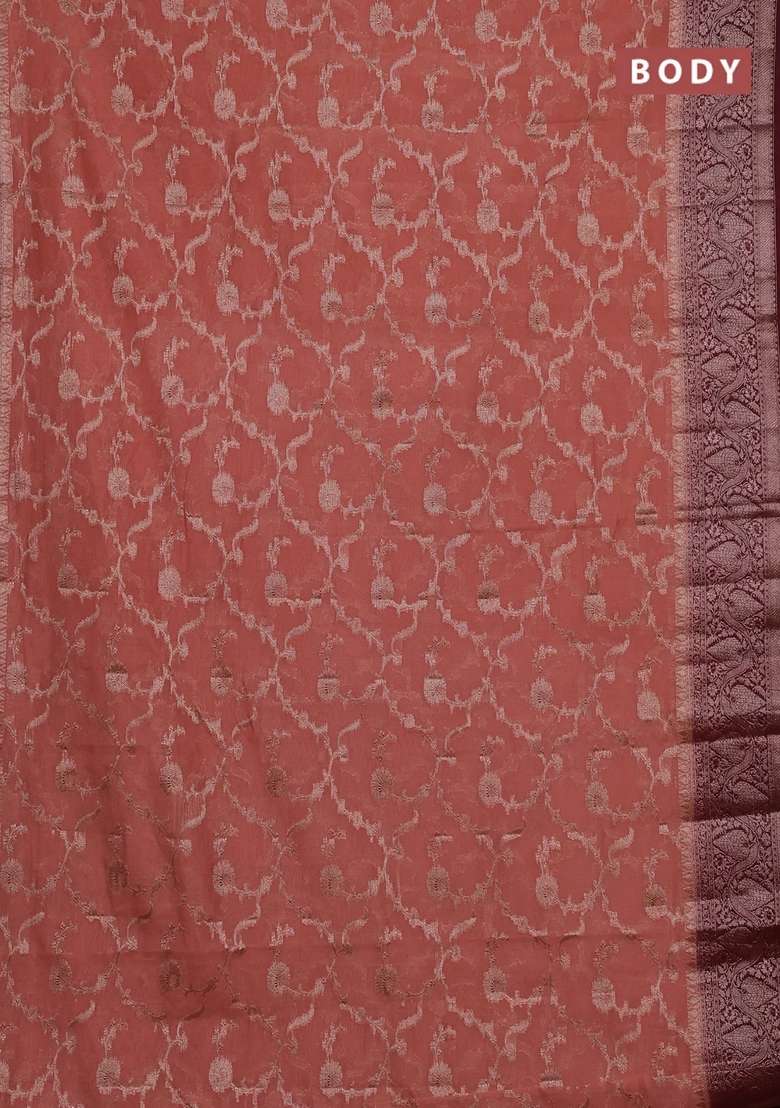 Semi Chiniya Silk Saree Dark Peach And Wine Shade With Allover Thread Zari Weaves And Woven Border With Traditional Woven Design For Women - Indya