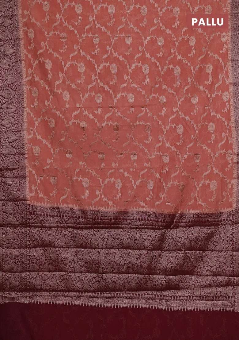 Semi Chiniya Silk Saree Dark Peach And Wine Shade With Allover Thread Zari Weaves And Woven Border With Traditional Woven Design For Women - Indya