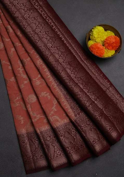 Semi Chiniya Silk Saree Dark Peach And Wine Shade With Allover Thread Zari Weaves And Woven Border With Traditional Woven Design For Women