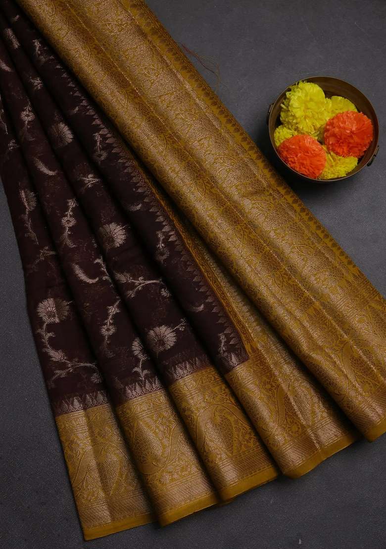 Semi Chiniya Silk Saree Coffee Brown And Mustard Yellow With Allover Thread Zari Weaves And Woven Border With Traditional Woven Design For Women - Indya