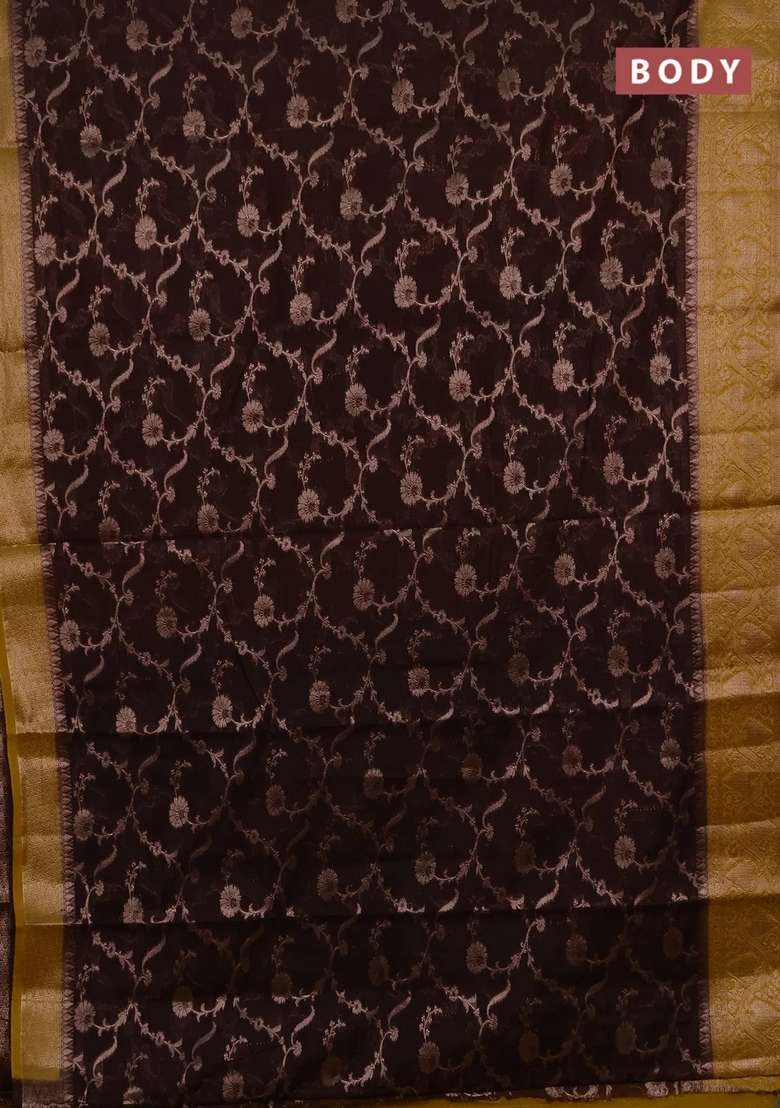 Semi Chiniya Silk Saree Coffee Brown And Mustard Yellow With Allover Thread Zari Weaves And Woven Border With Traditional Woven Design For Women - Indya