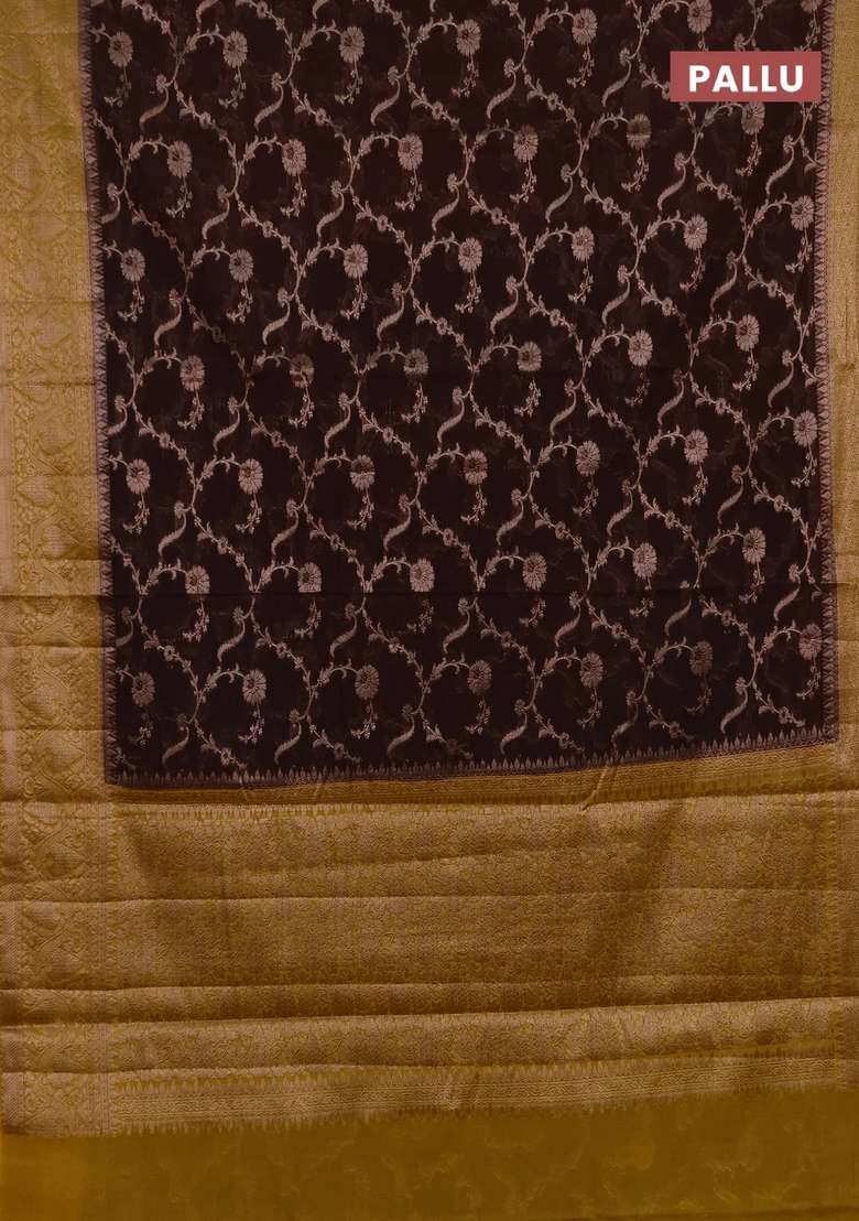 Semi Chiniya Silk Saree Coffee Brown And Mustard Yellow With Allover Thread Zari Weaves And Woven Border With Traditional Woven Design For Women - Indya