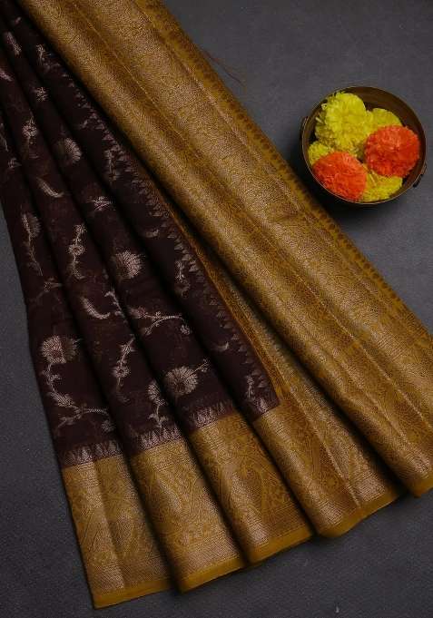 Semi Chiniya Silk Saree Coffee Brown And Mustard Yellow With Allover Thread Zari Weaves And Woven Border With Traditional Woven Design For Women