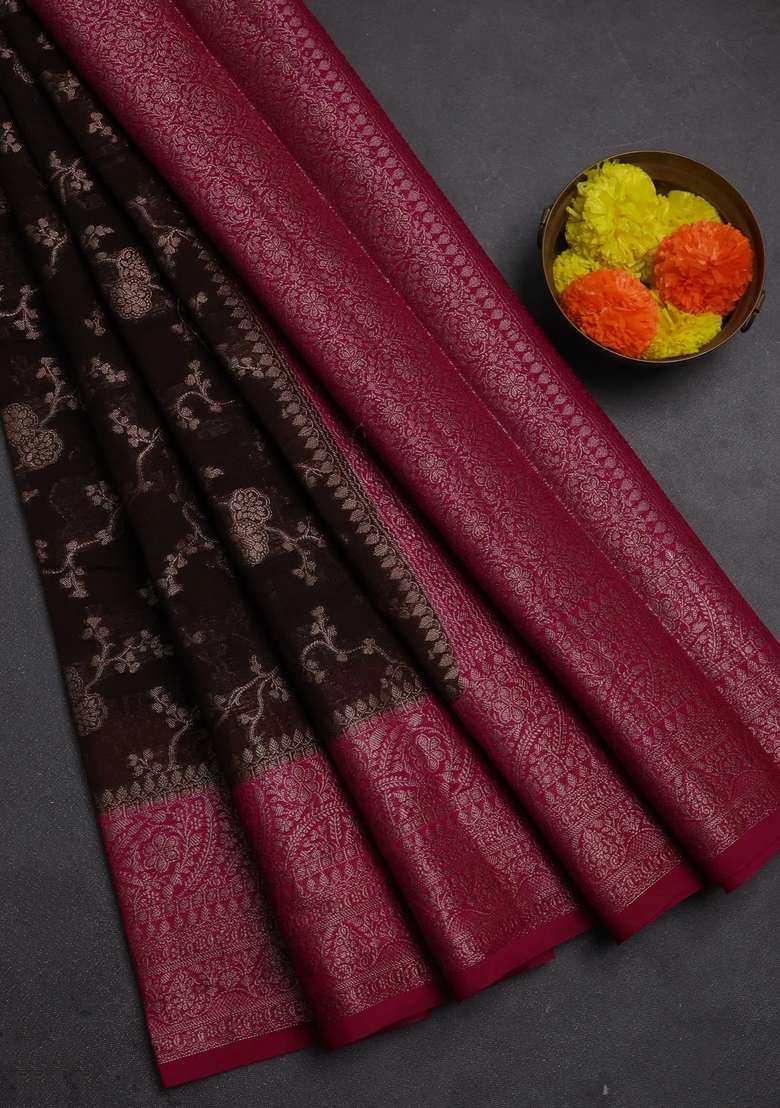 Semi Chiniya Silk Saree Coffee Brown And Magenta Pink With Allover Thread Zari Weaves And Woven Border With Traditional Woven Design For Women - Indya