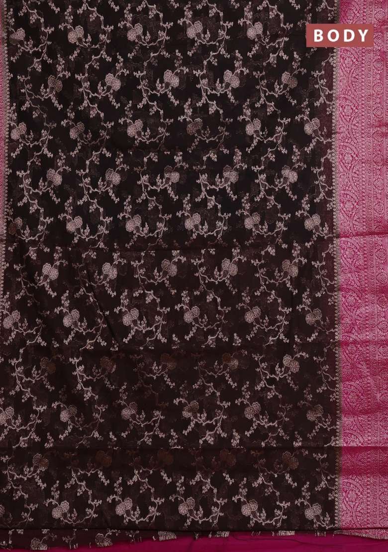 Semi Chiniya Silk Saree Coffee Brown And Magenta Pink With Allover Thread Zari Weaves And Woven Border With Traditional Woven Design For Women - Indya