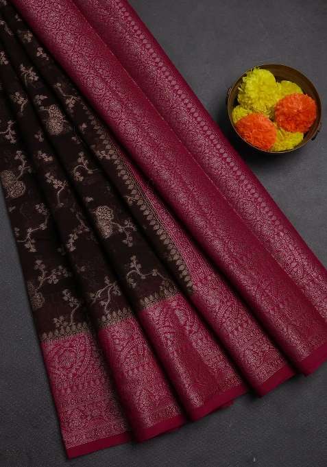 Semi Chiniya Silk Saree Coffee Brown And Magenta Pink With Allover Thread Zari Weaves And Woven Border With Traditional Woven Design For Women