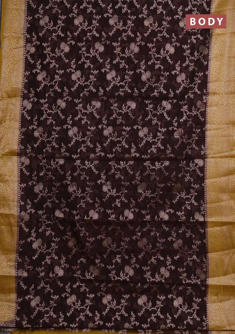 Semi Chiniya Silk Saree Coffee Brown And Dark Mustard With Allover Thread Zari Weaves And Woven Border With Traditional Woven Design For Women - Indya
