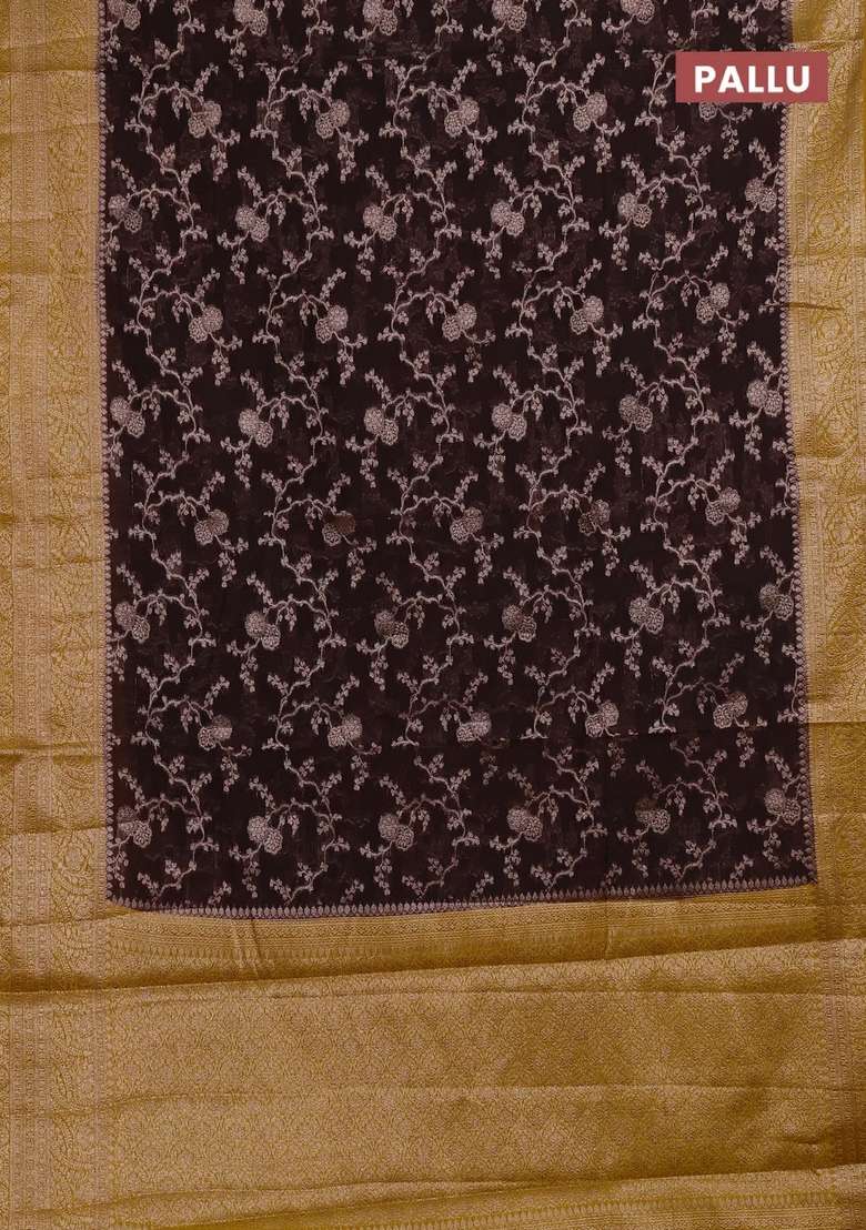 Semi Chiniya Silk Saree Coffee Brown And Dark Mustard With Allover Thread Zari Weaves And Woven Border With Traditional Woven Design For Women - Indya