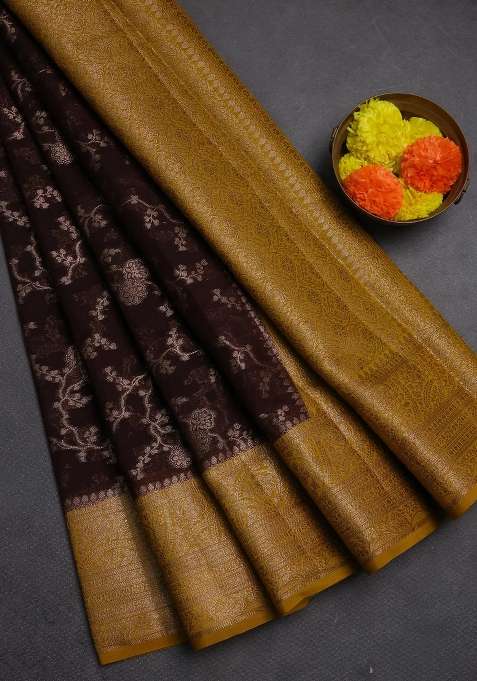 Semi Chiniya Silk Saree Coffee Brown And Dark Mustard With Allover Thread Zari Weaves And Woven Border With Traditional Woven Design For Women