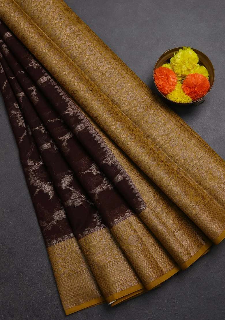 Semi Chiniya Silk Saree Coffee Brown And Dark Mustard With Allover Thread Zari Weaves And Woven Border With Traditional Woven Design For Women - Indya
