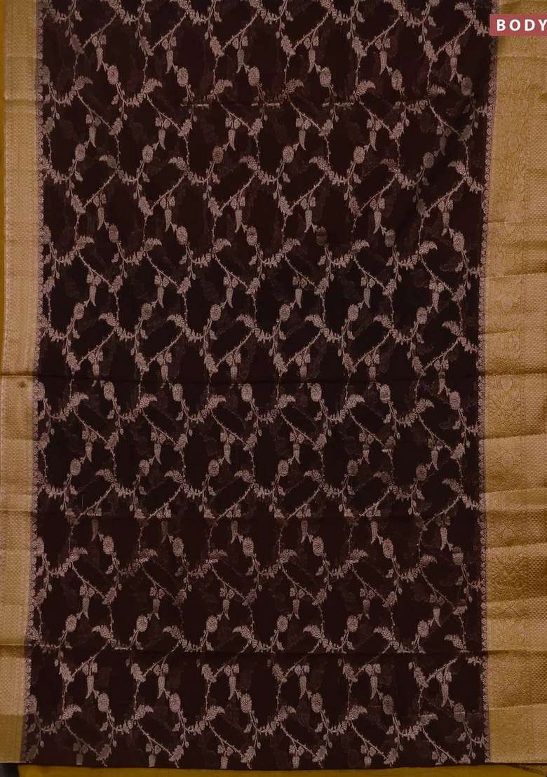 Semi Chiniya Silk Saree Coffee Brown And Dark Mustard With Allover Thread Zari Weaves And Woven Border With Traditional Woven Design For Women - Indya