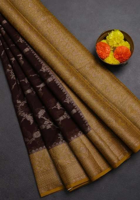Semi Chiniya Silk Saree Coffee Brown And Dark Mustard With Allover Thread Zari Weaves And Woven Border With Traditional Woven Design For Women