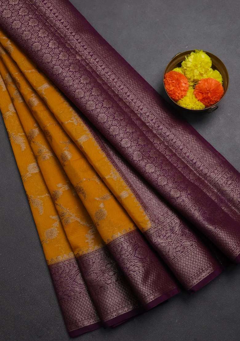 Semi Chiniya Silk Saree Mustard Yellow And Purple With Allover Thread Zari Weaves And Woven Border With Traditional Woven Design For Women - Indya