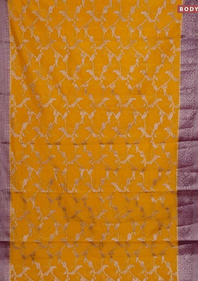 Semi Chiniya Silk Saree Mustard Yellow And Purple With Allover Thread Zari Weaves And Woven Border With Traditional Woven Design For Women - Indya