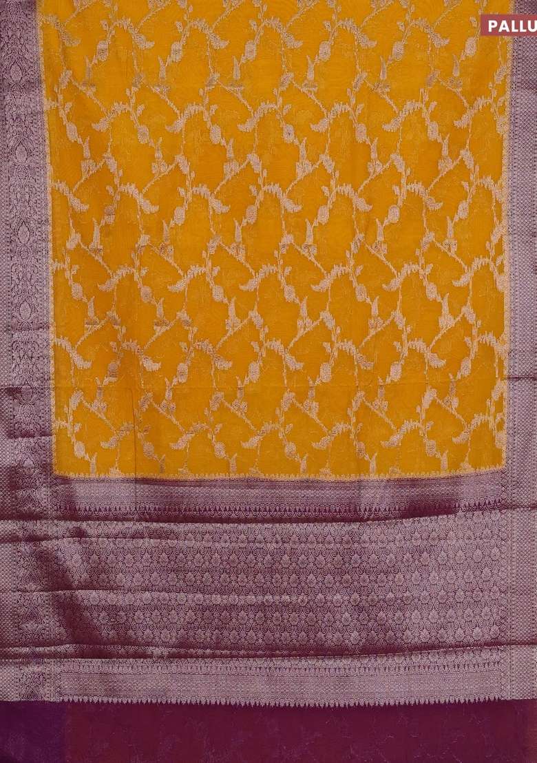 Semi Chiniya Silk Saree Mustard Yellow And Purple With Allover Thread Zari Weaves And Woven Border With Traditional Woven Design For Women - Indya