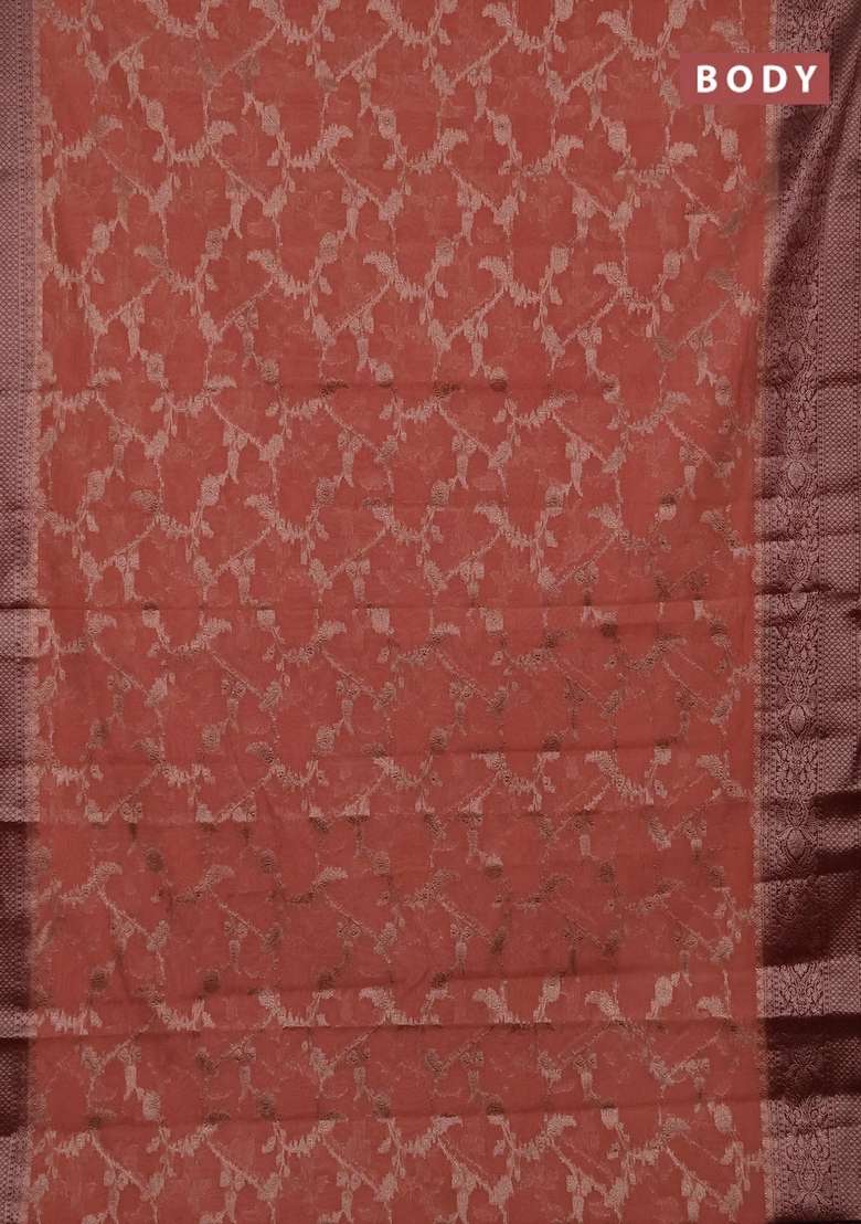 Semi Chiniya Silk Saree Dark Peach And Wine Shade With Allover Thread Zari Weaves And Woven Border With Traditional Woven Design For Women - Indya