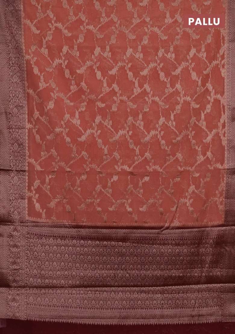 Semi Chiniya Silk Saree Dark Peach And Wine Shade With Allover Thread Zari Weaves And Woven Border With Traditional Woven Design For Women - Indya