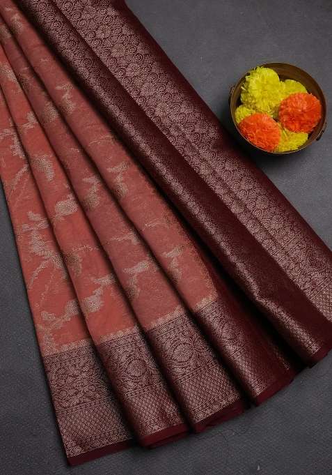 Semi Chiniya Silk Saree Dark Peach And Wine Shade With Allover Thread Zari Weaves And Woven Border With Traditional Woven Design For Women