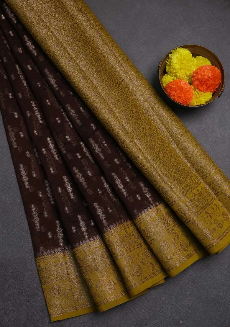 Semi Chiniya Silk Saree Coffee Brown And Dark Mustard With Allover Thread Zari Woven Buttas And Woven Border With Buttas And Brocade Design For Women - Indya