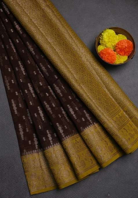 Semi Chiniya Silk Saree Coffee Brown And Dark Mustard With Allover Thread Zari Woven Buttas And Woven Border With Buttas And Brocade Design For Women