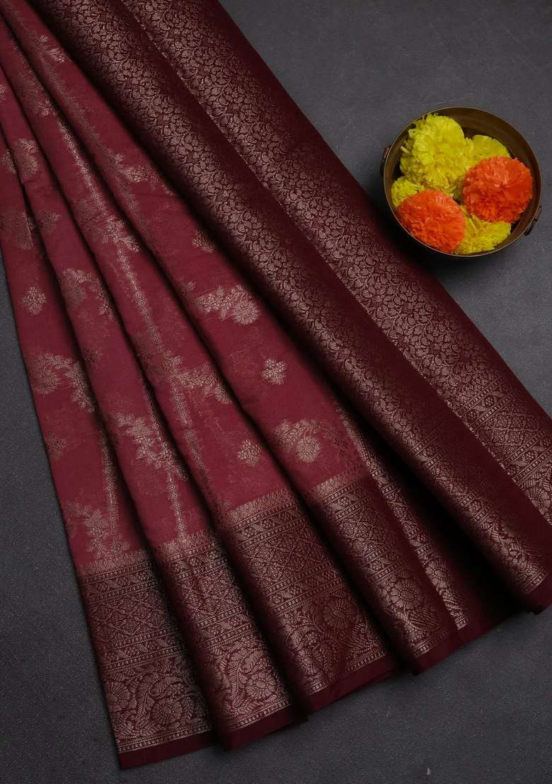 Semi Chiniya Silk Saree Dark Peach And Maroon With Allover Thread Zari Weaves And Woven Border With Traditional Woven Design For Women - Indya