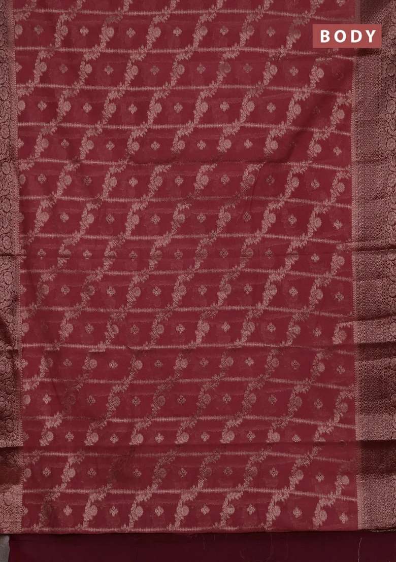 Semi Chiniya Silk Saree Dark Peach And Maroon With Allover Thread Zari Weaves And Woven Border With Traditional Woven Design For Women - Indya