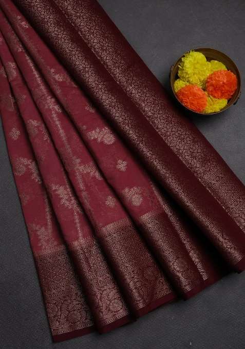 Semi Chiniya Silk Saree Dark Peach And Maroon With Allover Thread Zari Weaves And Woven Border With Traditional Woven Design For Women