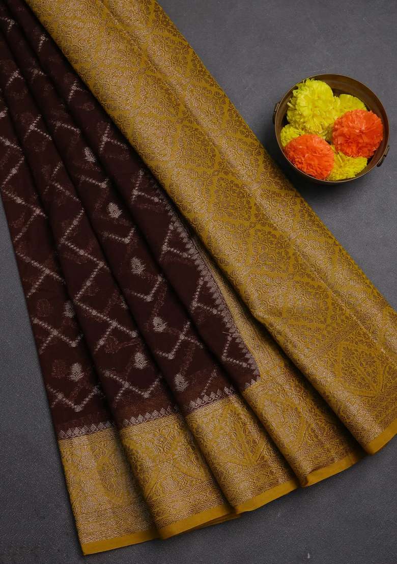 Semi Chiniya Silk Saree Coffee Brown And Dark Mustard With Allover Thread Zari Weaves And Woven Border With Traditional Woven Design For Women - Indya