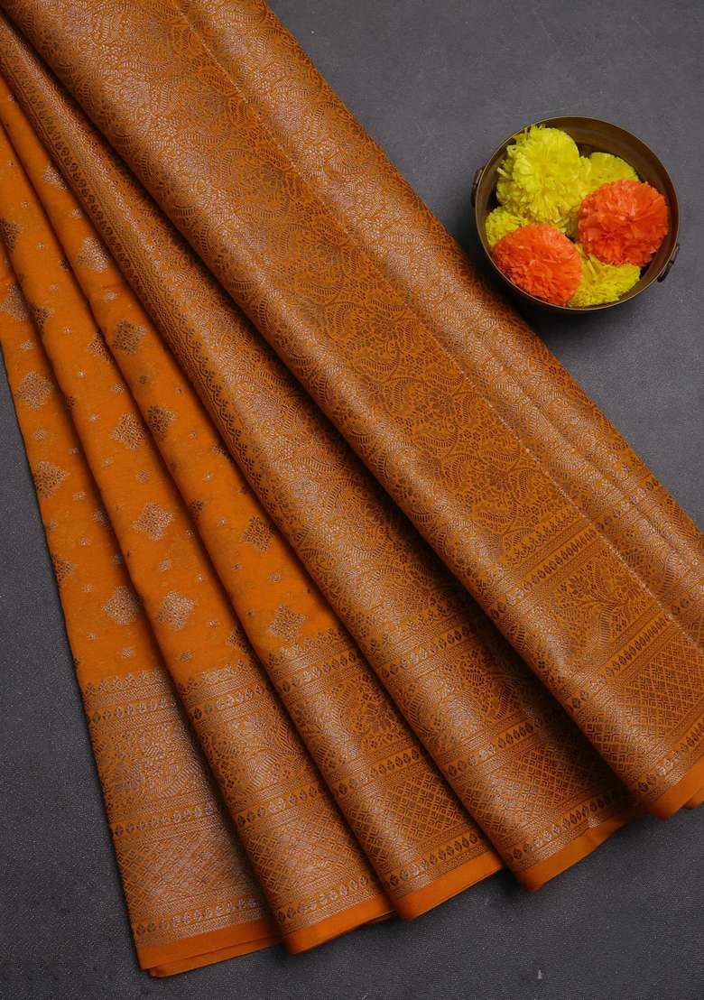 Semi Chiniya Silk Saree Mango Yellow With Allover Thread Zari Woven Buttas And Woven Border With Buttas And Brocade Design For Women - Indya