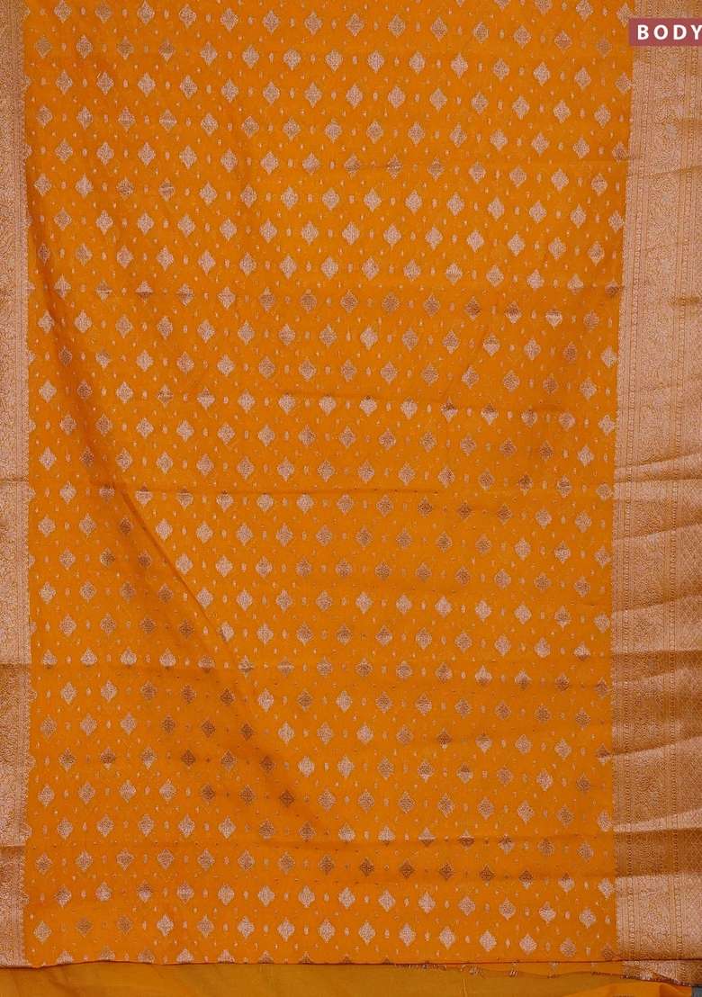 Semi Chiniya Silk Saree Mango Yellow With Allover Thread Zari Woven Buttas And Woven Border With Buttas And Brocade Design For Women - Indya