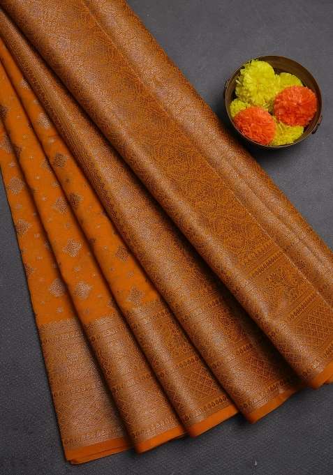 Semi Chiniya Silk Saree Mango Yellow With Allover Thread Zari Woven Buttas And Woven Border With Buttas And Brocade Design For Women