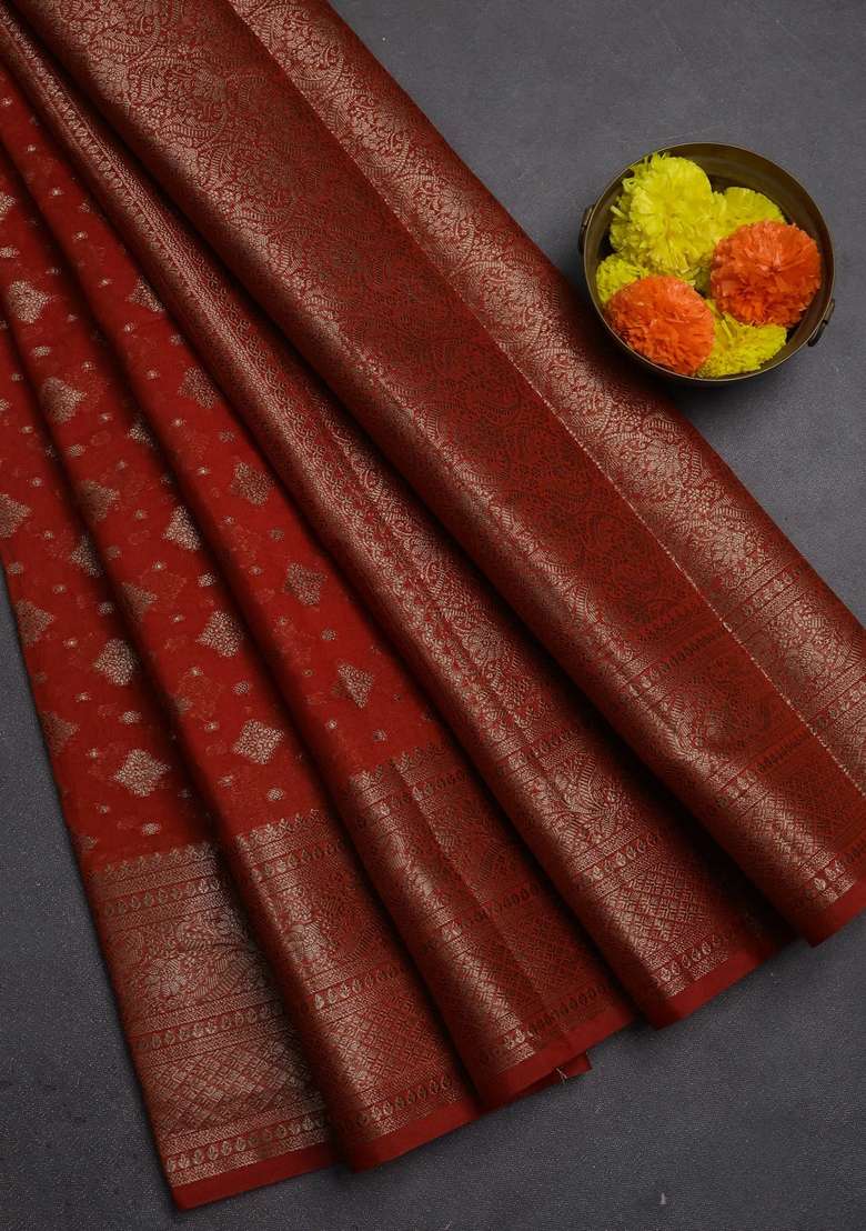 Semi Chiniya Silk Saree Rustic Orange With Allover Thread Zari Woven Buttas And Woven Border With Buttas And Brocade Design For Women - Indya