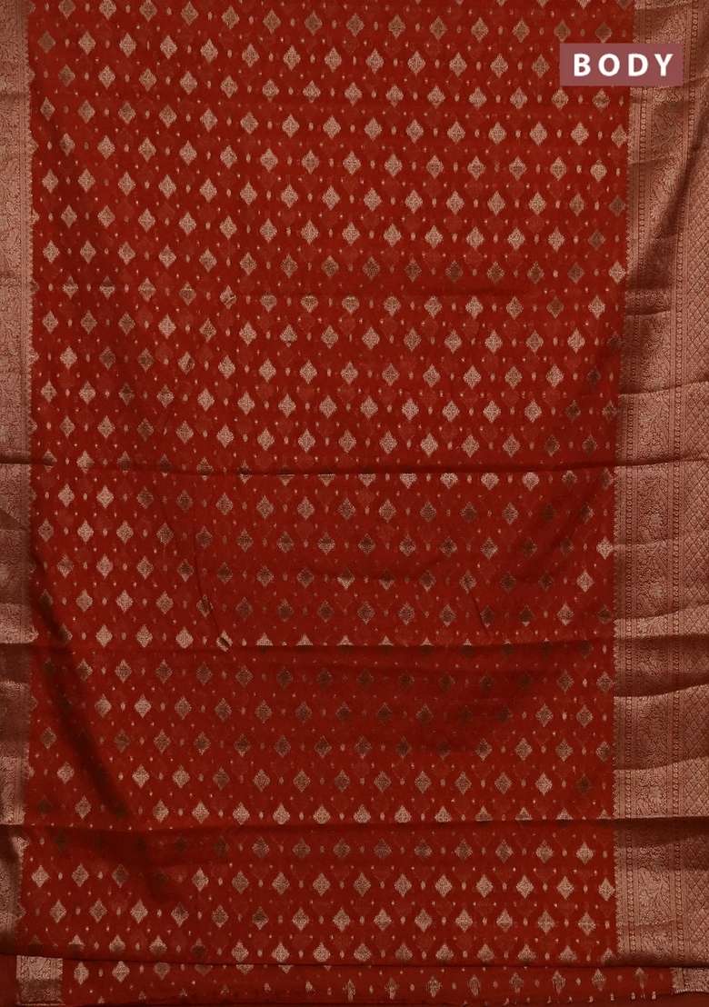 Semi Chiniya Silk Saree Rustic Orange With Allover Thread Zari Woven Buttas And Woven Border With Buttas And Brocade Design For Women - Indya
