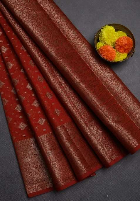 Semi Chiniya Silk Saree Rustic Orange With Allover Thread Zari Woven Buttas And Woven Border With Buttas And Brocade Design For Women