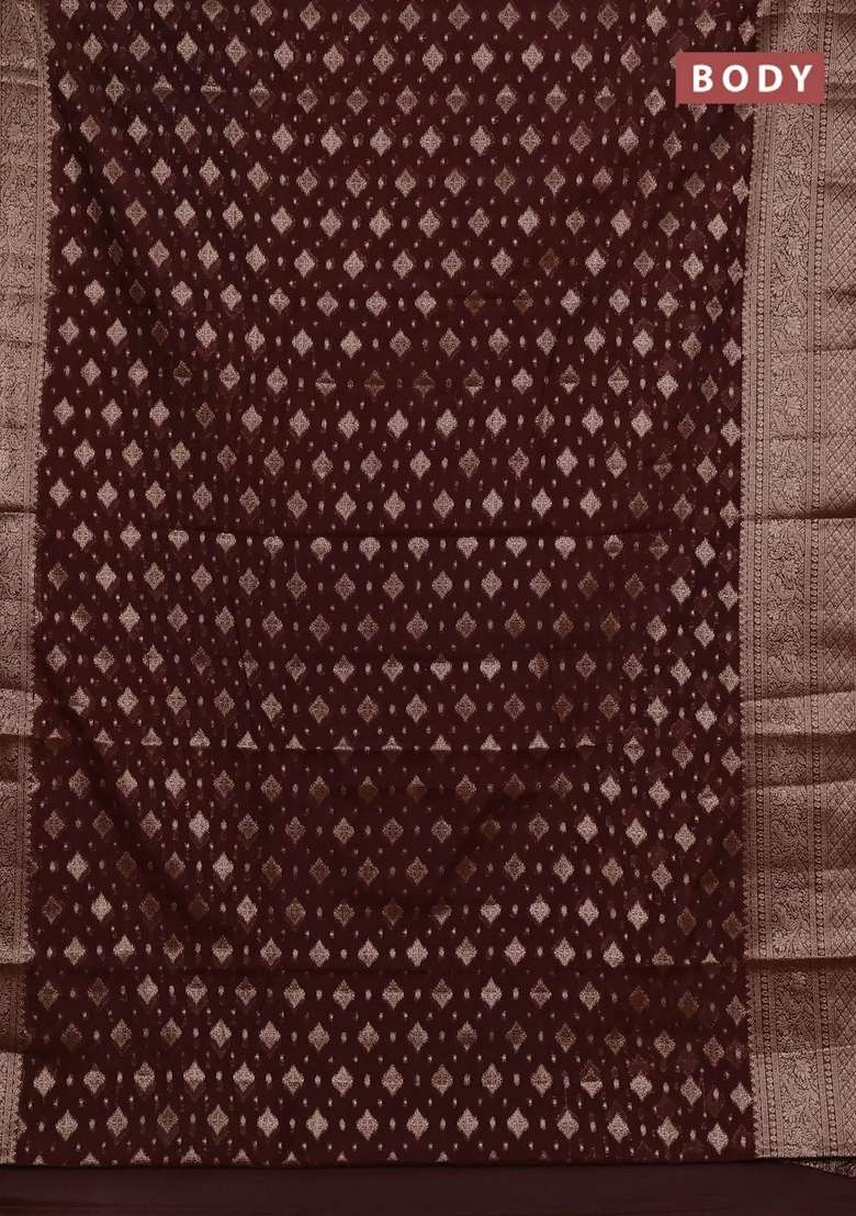 Semi Chiniya Silk Saree Coffee Brown With Allover Thread Zari Woven Buttas And Woven Border With Buttas And Brocade Design For Women - Indya