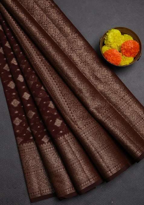 Semi Chiniya Silk Saree Coffee Brown With Allover Thread Zari Woven Buttas And Woven Border With Buttas And Brocade Design For Women