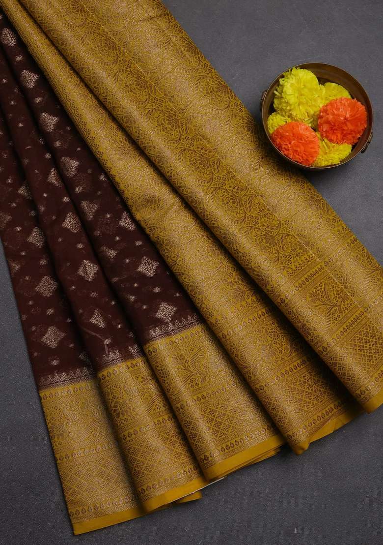 Semi Chiniya Silk Saree Brown And Mustard Yellow With Allover Thread Zari Weaves And Woven Border With Traditional Woven Design For Women - Indya