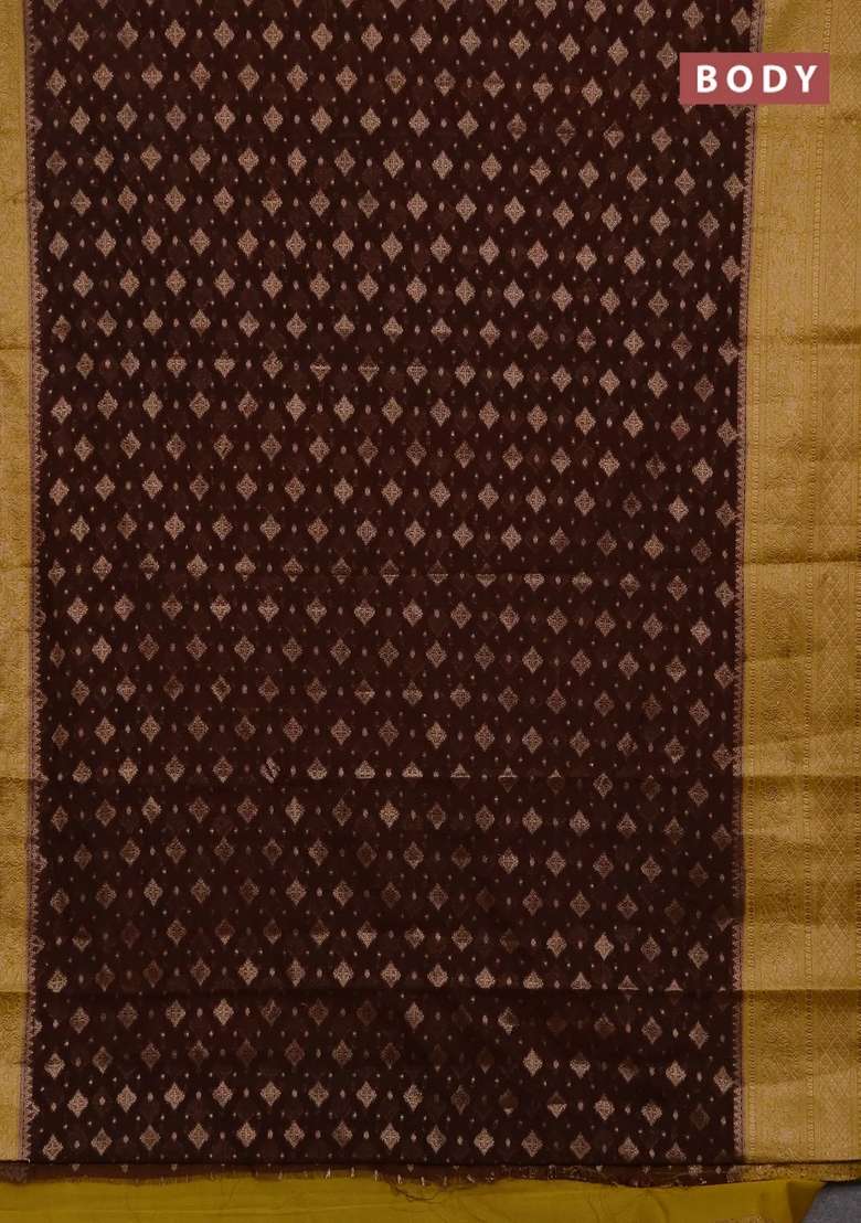 Semi Chiniya Silk Saree Brown And Mustard Yellow With Allover Thread Zari Weaves And Woven Border With Traditional Woven Design For Women - Indya