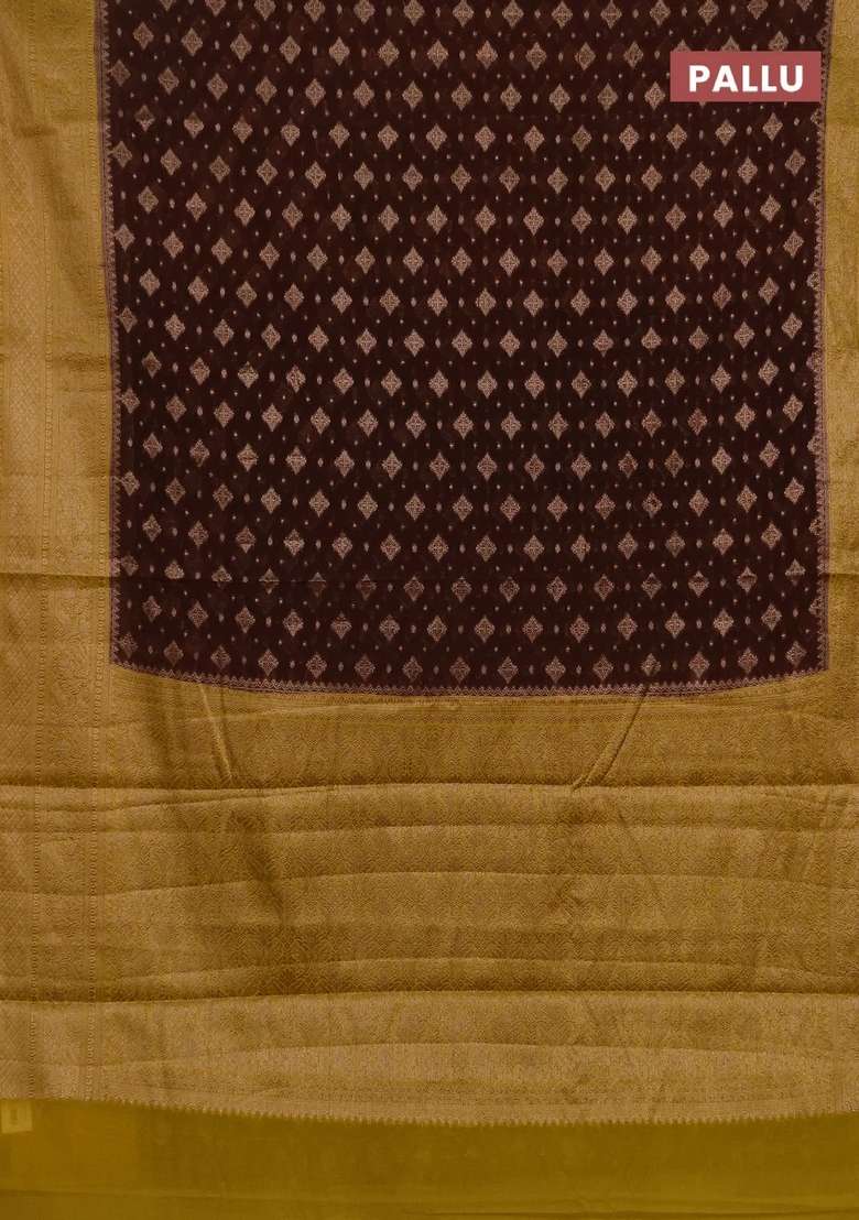 Semi Chiniya Silk Saree Brown And Mustard Yellow With Allover Thread Zari Weaves And Woven Border With Traditional Woven Design For Women - Indya