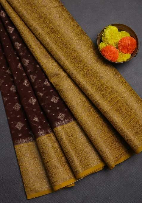 Semi Chiniya Silk Saree Brown And Mustard Yellow With Allover Thread Zari Weaves And Woven Border With Traditional Woven Design For Women
