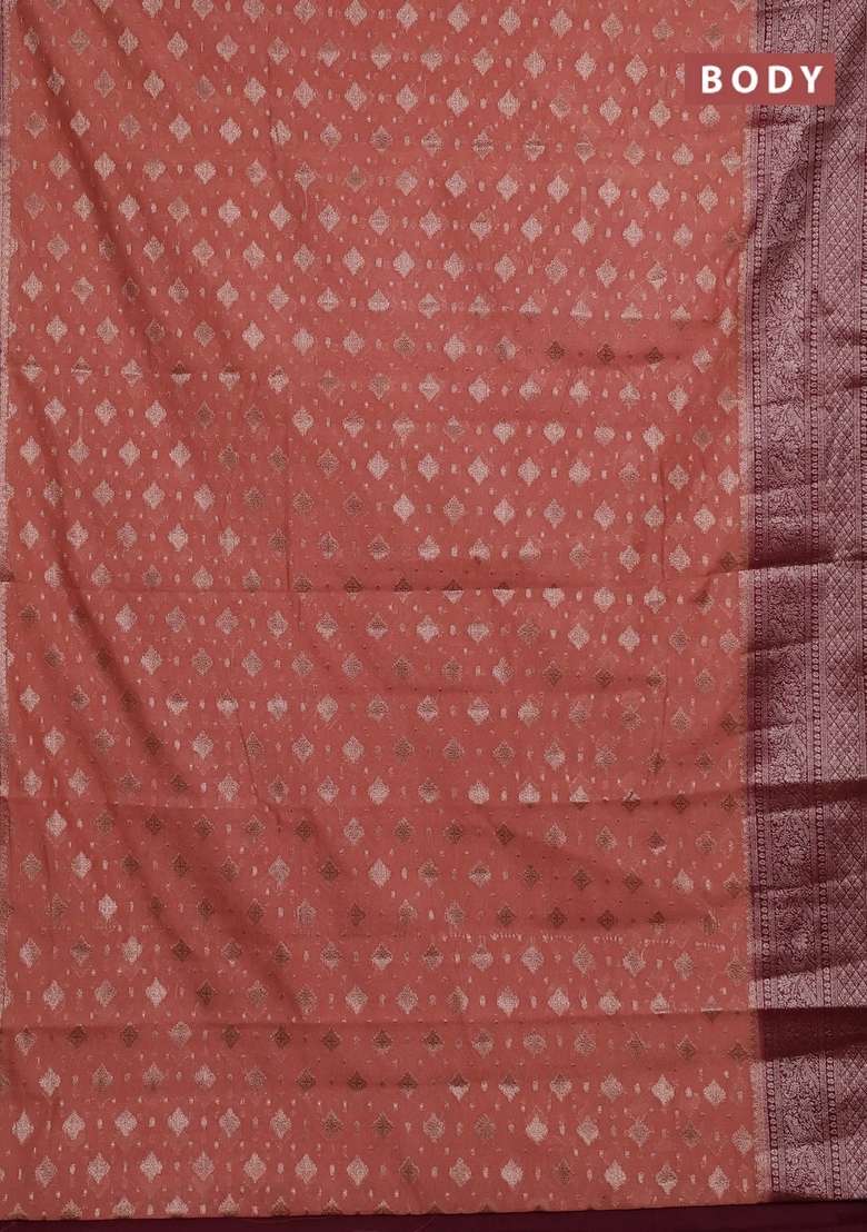 Semi Chiniya Silk Saree Dark Peach And Deep Maroon With Allover Thread Zari Weaves And Woven Border With Traditional Woven Design For Women - Indya
