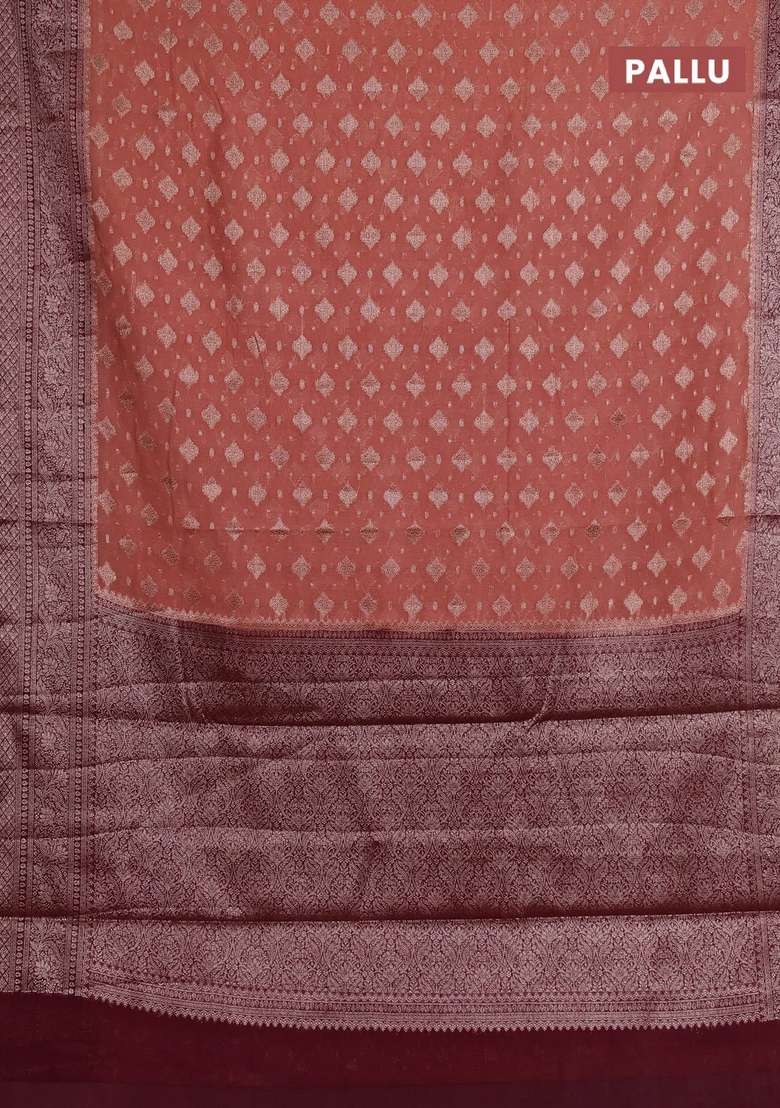 Semi Chiniya Silk Saree Dark Peach And Deep Maroon With Allover Thread Zari Weaves And Woven Border With Traditional Woven Design For Women - Indya